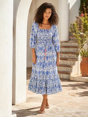 BELL by Alicia Bell Blue White Floral Smocked Cotton & Silk Midi Dress